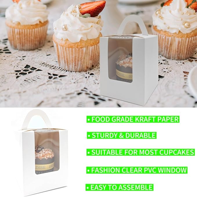 100-Set Individual Cupcake Boxes Bulk with Clear Display Window, Disposable Food Grade White Cupcake Carrier Cupcake Container, Perfect for Cupcakes Muffins Cookies Pastries