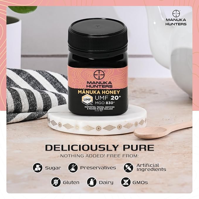 Manuka Hunters UMF 20+/MGO 830+ Certified New Zealand Manuka Honey - 100% Pure Natural Sweetener - Gluten, Dairy Free - Ideal for Tea, Coffee, Smoothies, and Baking - Sustainable - 4.4oz=85ml Jar