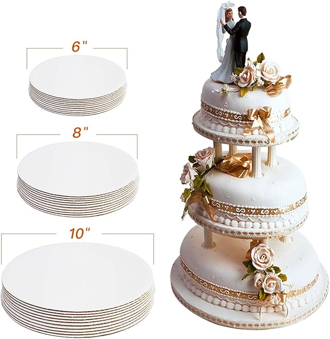 ONE MORE 18-Pack White Cake Board Rounds,Circle Cardboard Round Base 6,8 and 10 inch, Disposable Coated Cake Plate 6 of Each Size,Pack of 18