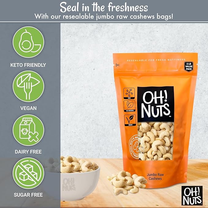 Oh! Nuts Raw Whole Unsalted Cashews - Raw - 100% Natural - 2 lb - Jumbo Cashews - Packed in New York Zip-Seal Bag for Exceptional Freshness