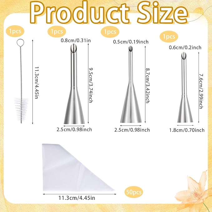 3 Pcs Puff Cream Filling Piping Tips Kit, Long Piping Nozzle with 50 Disposable Bags and 1 Pcs BrushCream Filling Nozzles for Donuts Puff Eclairs Pastry Decorative