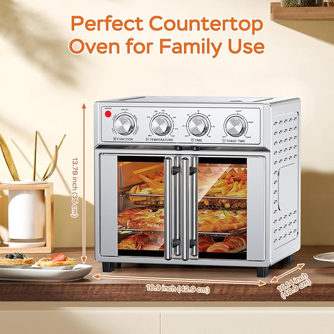 PlumChef 27.5 Quart Extra Large 6 Slices Air Fryer Convection Toaster Oven, French Door, 1700W, Multifunction Oven for Air Fryer, Toast, Grill, Defrost, Bake, Time and Temperature Controls, Silver