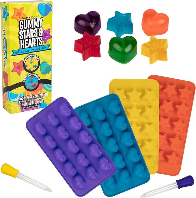 Star & Heart Silicone Candy Molds 4 Pack with 2 Droppers- Nonstick Gummy, Chocolate, Ice Cube & Baking Molds- BPA-Free Trays for Holiday Treats, Fall Crafts, Birthday Party Favors & DIY Gifts for Kids