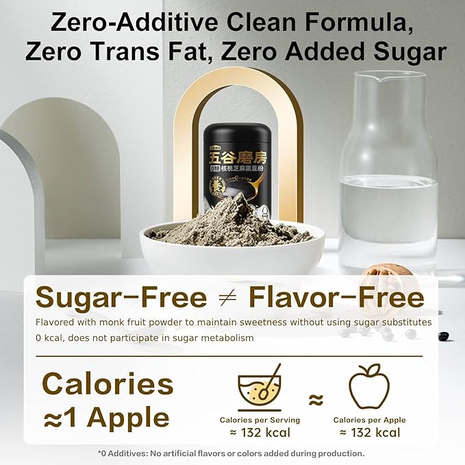 2-Pack Sugar-Free Walnut Black Soybean Sesame Meal Replacement Powder, Low GI, Smooth and Easy to Absorb, Rich in Sesamin, Non-GMO, Vegan, Zero Sugar Meal Replacement Shake, 19.25 oz Each (Total 38.5 oz), 五谷磨房无糖黑芝麻核桃粉