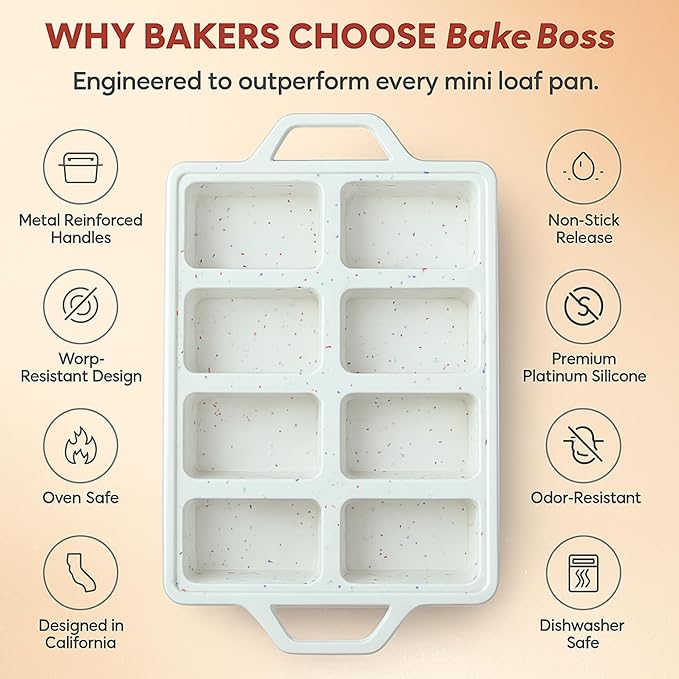2-Pack Silicone Mini Loaf Pan Set – 8-Cavity Nonstick Baking Molds with Metal-Reinforced Handles – BPA-Free, Odor-Resistant Silicone Pans for Mini Bread, Cakes & Meatloaf – Cream