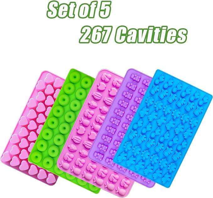 5 PCS Gummy Candy Molds Silicone, Food Grade Non-Stick Gummy Bear Mold Mini Fruit Snacks Molds BPA Free with 2 Droppers Including Mini Dinosaur, Bear, Heart, Fruit and Donut (Multicolor)