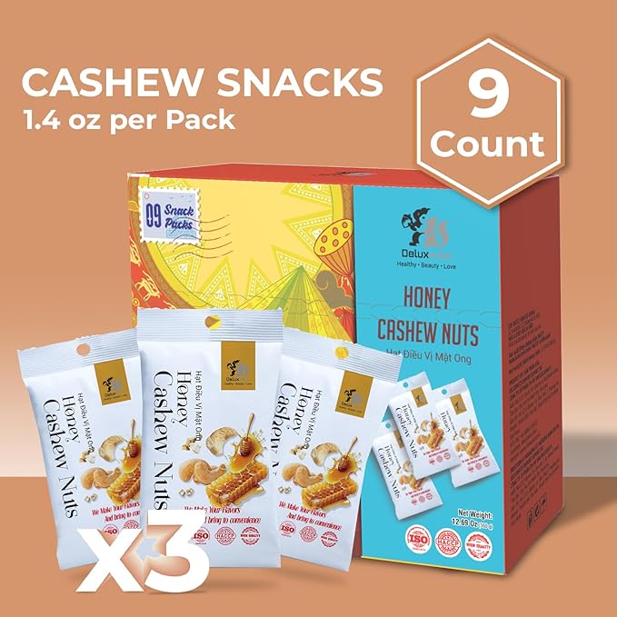 DELUXNUTS Roasted Honey Cashews (9 Packs), Whole Cashew Nuts, Individual Packs, Healthy Snack for Kids & Adults, Good Source of Protein, Gluten-Free
