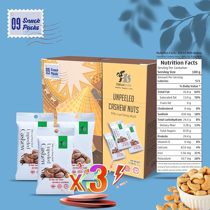 DELUXNUTS Salted Cashews with Skin (9 Packs), Whole Cashew Nuts, Individual Packs, Healthy Snack for Kids & Adults, Good Source of Protein, Gluten-Free