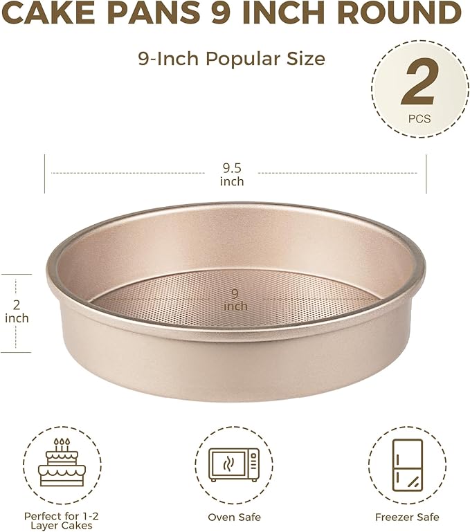 HONGBAKE 9 Inch Round Cake Pan Set of 2, Nonstick Ceramic Coating Cake Molds with Diamond Texture, Aluminized Steel Cake Pans Sets for Baking & Cheesecake, Heavy Duty & Non-Toxic (Gold, 2PCS)