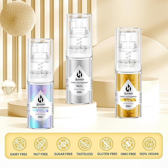Edible Glitter Spray Set - 3 Colors Iridescent Gold & White Food Grade Shimmer Powder, Metallic Edible Spray Glitter for Cakes, Cookies, Chocolate & Strawberries, 5g/Bottle