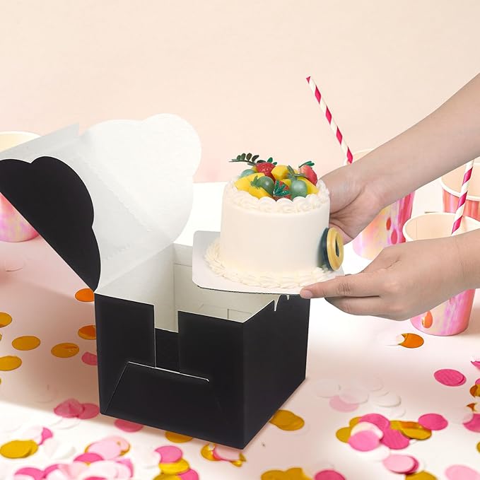 20Pcs Mini Cake Boxes with Window, 6x6x5 Inches Black Bakery Boxes, Small 4 Cupcake Boxes, Cake Packaging for Pastries, Cookies, Chocolates, Cupcakes, Birthday Party, Wedding