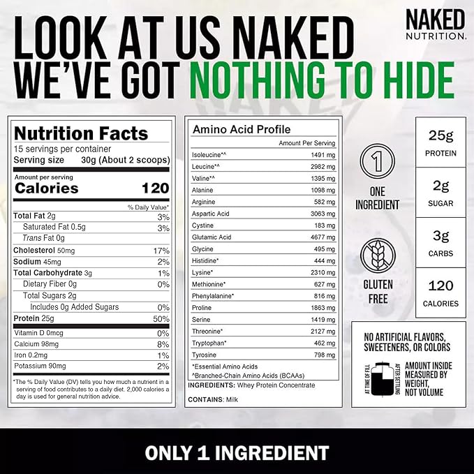 NAKED Whey 1Lb - Only 1 Ingredient, Grass Fed Whey Protein Powder, Undenatured, No Gmos, No Soy, Gluten Free, Stimulate Growth, Enhance Recovery - 15 Servings