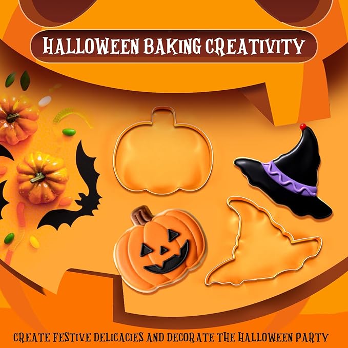 6 Pcs Large Halloween Cookie Cutters 8" Stainless Steel Metal Halloween Baking Cookie Molds for Holiday, Ghost, Bat, Pumpkin, Witch's Hat, Scared Cat, Skull