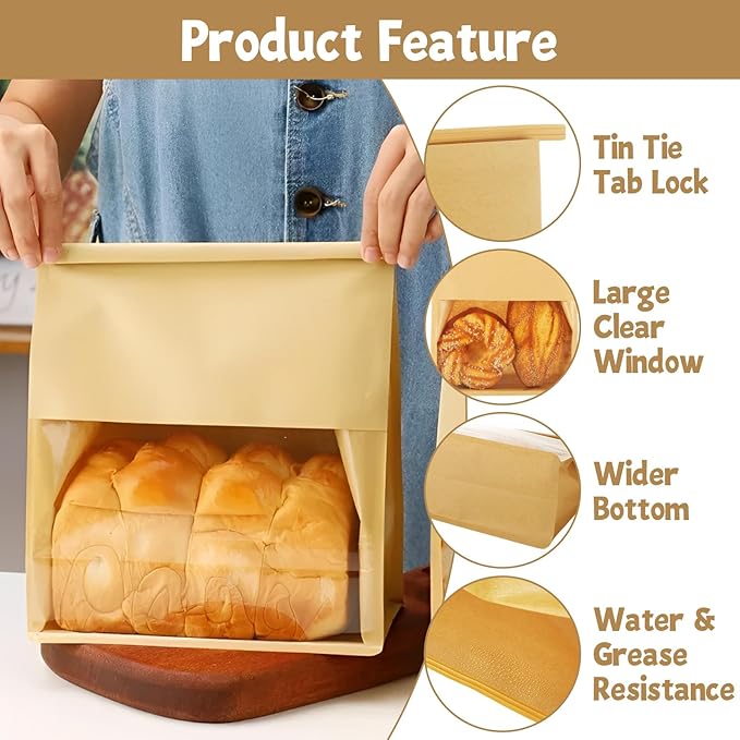 QTLCOHD 100 Pcs Bakery Bags with Window - 8.2 x 3.9 x 9.4 Inch Tin Tie Tab Lock Sourdough Paper Bread Bags for Homemade Bread, Cookie, Pastry, Treat Packaging, Brown