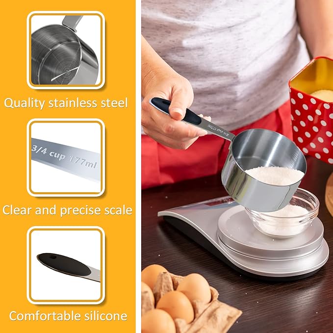 2PCS 3/4Cup (177ml, 6oz) Single Measuring Cup with Black Silicone Grip, Stainless Steel Individual Measure Scoop Only
