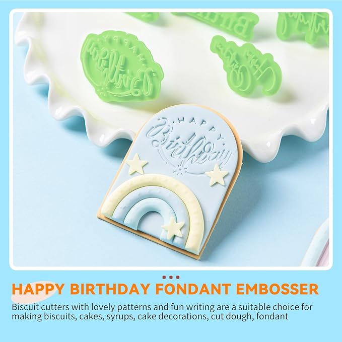 KALAIEN 8 Pcs Happy Birthday Fondant Letter Cutters,Cookie Stamps for cake Cookie Baking Decoration,Happy Birthday Fondant Stamp