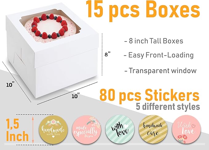 10x10x8 Bulk 15 Pcs Tall Multi-Layer Cake Boxes 10 Inch with Window Clear Bakery Box Square White Large Disposable Pie Boxes Package for Bake Decorating Supplies Pastry Box (80 Pcs Stickers)