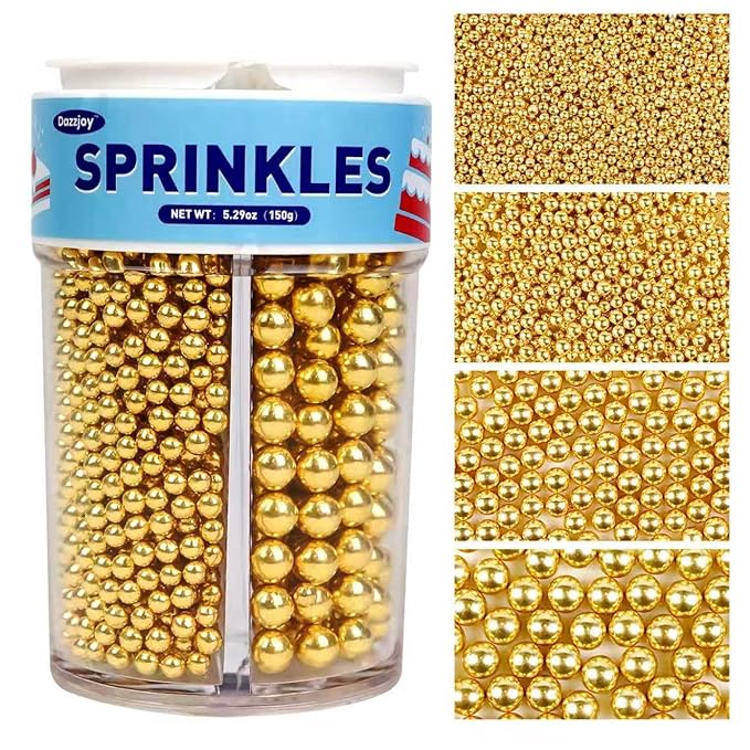 Dazzjoy Edible Gold Pearl Sprinkles, Sugar Pearl, Food Grade, Edible Pearls for Cake Decorating, 150g/5.29oz, Gold Cake Decoration & Cupcake Topper, Wedding Party Halloween Supplies