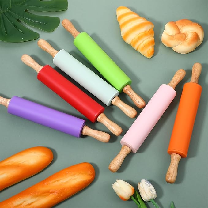 6 Pack Small Rolling Pins for Kids, Silicone Rolling Pin with Wooden Handle, Mini Rolling-Pins for Dough, Cookie, Pastry, 12 Inch (6 Colors)