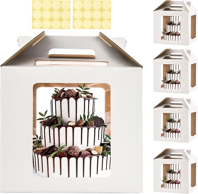 XININSUN Tall Cake Boxes for Tier Cakes 14x14x14 Inch Tall Cake Carrier with 6 Windows,Large Tierd Cake Take Out Transport Containers with Handle for Wedding, Birthday, Party-5Pack