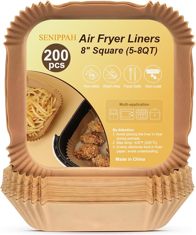 200 Pcs 8" Air Fryer Liner Square Baking Parchment Paper Airfryer Liners,Unbleached Disposable Non-stick & Non-Leak & Non-Washing Air Fryer Paper Liner for 5-8 QT Air Fryer Basket