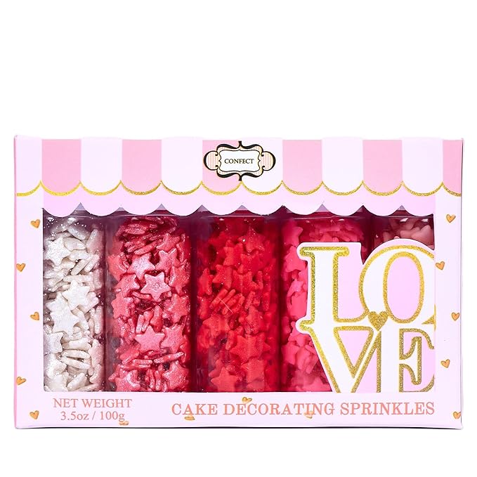 Confect Star Sprinkles | Sprinkle for Baking, Cookie & Cake Decorative | Baby Shower Sprinkles | Pink, White & Red Sprinkle | Edible sprinkles Mix Pack of 5-Vegan, Gluten-Free, Nut-Free, Soy-Free, Dairy-Free, Palm Oil-Free -5 Oz