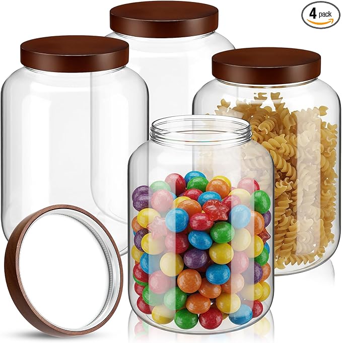 LemonRoad 4 Pcs 66 FL OZ (1950ml) Plastic Storage Jars with Airtight Wooden Lid Large Clear Food Storage Container Canister for Sugar, Tea, Spices, Coffee, Bean, Candy, Cookies, Kitchen