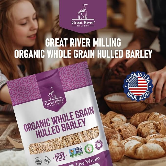 Great River Milling Organic Hulled Barley Grain | Whole Grain Barley for Home Milling, Cooking, and Baking | High Fiber, Non GMO, Kosher | 5 Lb