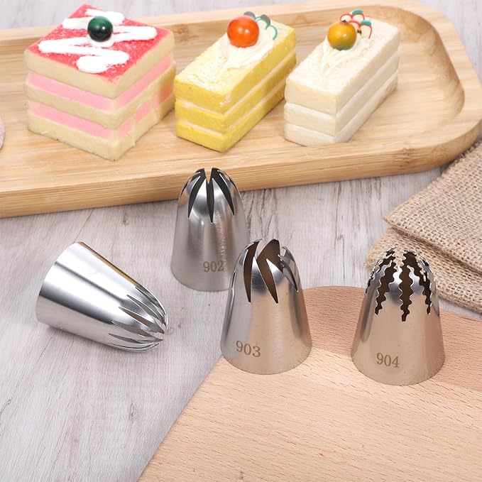 4 Pcs Stainless Steel Frosting Tips, Professional Cake Decorating Tips-Set, Large Piping Tips Set, DIY Icing Nozzle Tool for Cupcakes, Cakes, Cookies, Pastry Decorating Kit