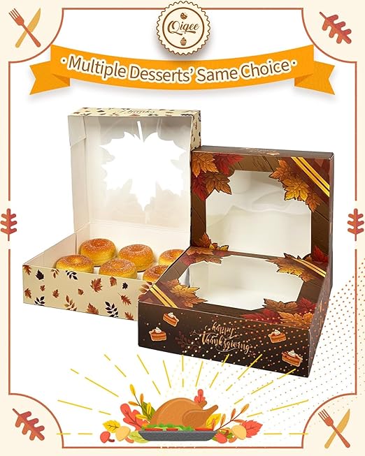 qiqee Thanksgiving Cookie Boxes with Window Autumn Maple Leaf Treat Boxes Bakery Pastry Box Auto-pop up 30pcs 8x8x2.5 Inch For Fall Harvest, Wedding, Thanksgiving Party Supplies