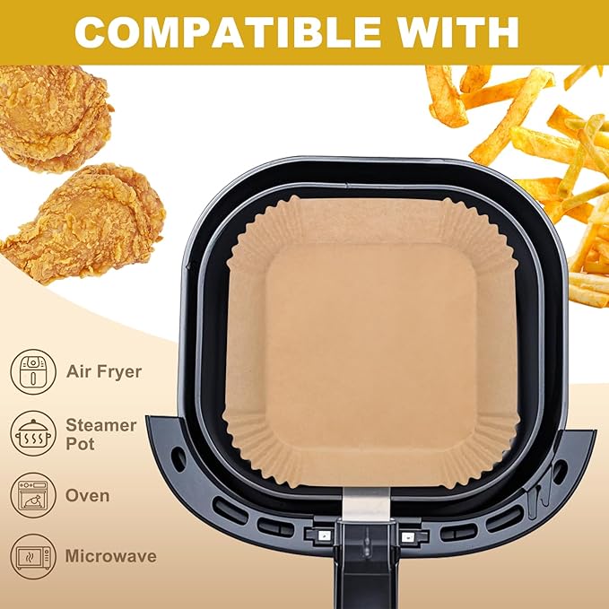 200Pcs 8” air fryer liners disposable parchment liners square, Non-Stick Air Fryer Liners Parchment Paper for Microwave