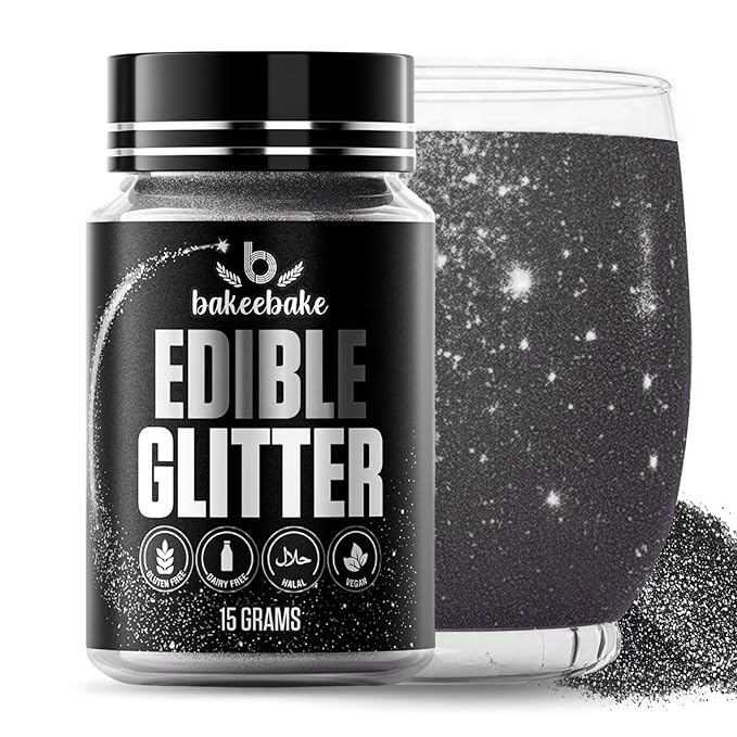 Bakeebake Edible Glitter 15g - Edible Glitter for Drinks & Desserts - Gluten Free Cake Decorating – Tasteless Vegan Drink Cocktails and Parties (Black, 15 grams)