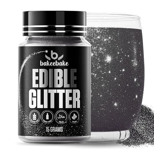 Bakeebake Edible Glitter 15g - Edible Glitter for Drinks & Desserts - Gluten Free Cake Decorating – Tasteless Vegan Drink Cocktails and Parties (Black, 15 grams)