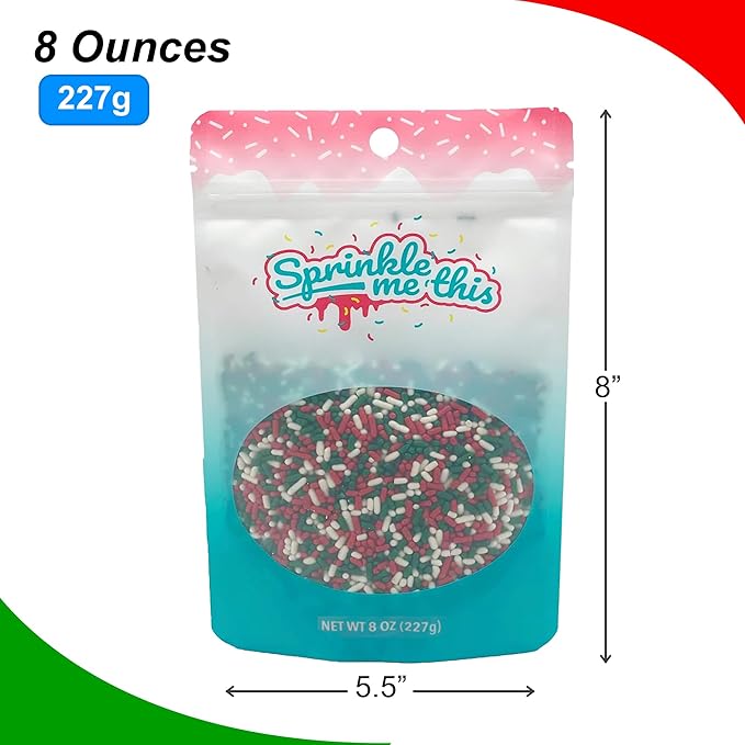 Green, Red and White Blend Sprinkles - 8 oz Resealable Stand Up Candy Bag - Christmas Themed Sprinkles for Decorating - Bulk Baking Supplies for Holiday Decorated Treats