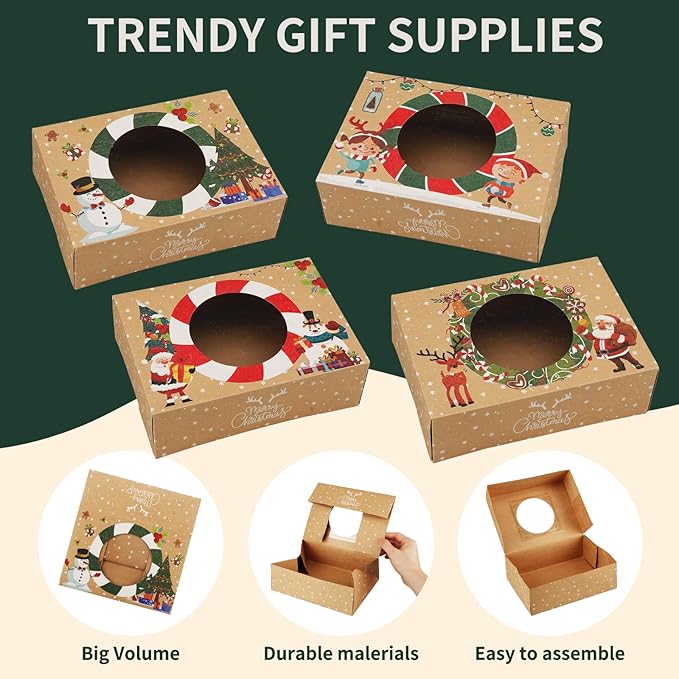 24pcs Christmas Cookie Boxes 8.25inx5.75inx2.75in-Christmas Kraft Paper-Bakery and Treat Boxes for Holiday Gift Giving and Christmas Party Supplies