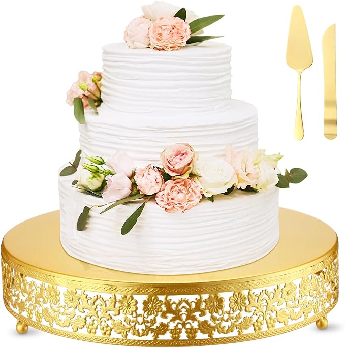 Wenqik 14 Inch Gold Metal Cake Stand Set Round Cupcake Dessert Stand with Cake Cutting & Spatula Candy Table Display for Party Wedding Birthday Baby Shower Housewarming Party Celebration