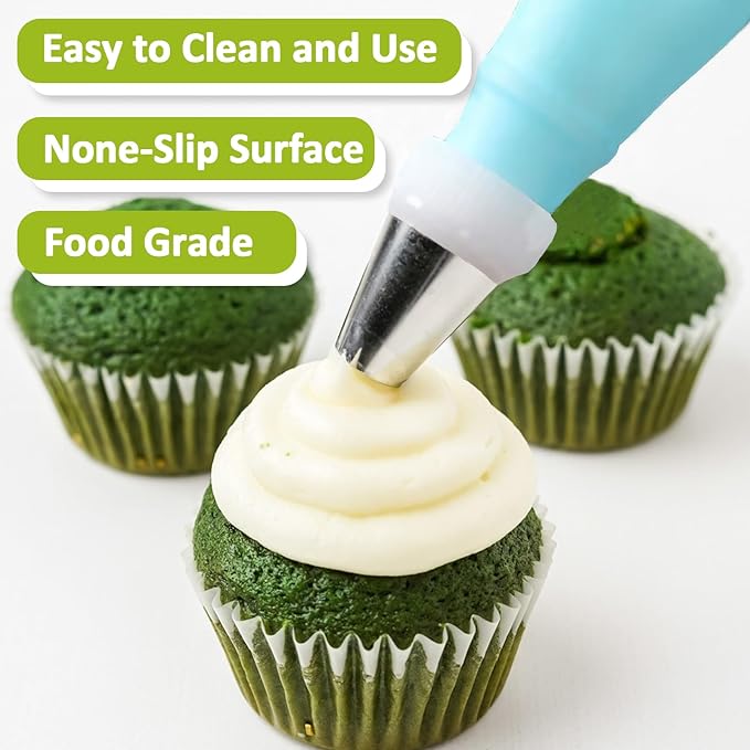FANTEXY 7 Pieces Piping Tips and Bag Set,Cake Decorating Kit with a Reusable Pastry Bag,5 Round Piping Tips for Cake Writing,Cupcake Frosting Piping Kit,Stainless Steel Tips for Puffs,Macaron Cookie