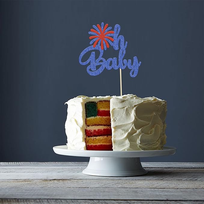 1Pc Happy Independence Day Oh Baby Cake Topper Glitter Firework Happy 4th of July Babyshower Cake Decorations for Independence Day Theme Party Cake Decorations Supplies