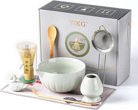 Matcha Whisk Set - 8PCS Japanese Tea Set Includes Matcha Bowl, Bamboo Whisk with Ceramic Holder, Bamboo Scoop, stainless steel sifter, tea towel, handle scoop,Matcha Kit for Ceremony(White/8PC)