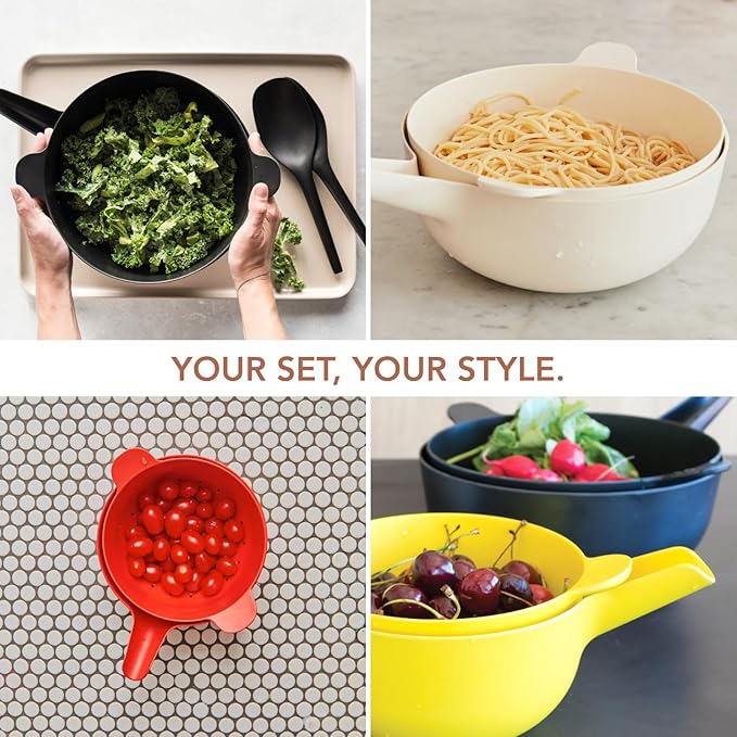 EKOBO Small Mixing Bowl and Colander Set White– 60 oz BPA-Free Eco-Composite – Nesting Kitchen Mixing Bowls for Washing Mixing Serving – Compact Dishwasher Safe Kitchen Essentials