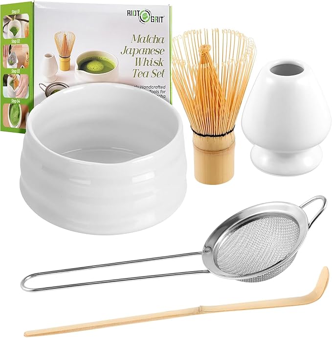 Matcha Whisk Set (5pcs) - Japanese Tea Set includes Matcha Bowl (19 oz) - Bamboo Whisk and Matcha Scoop - Whisk Holder - Stainless Steel Sifter - Tea Making Tools, Matcha Kit