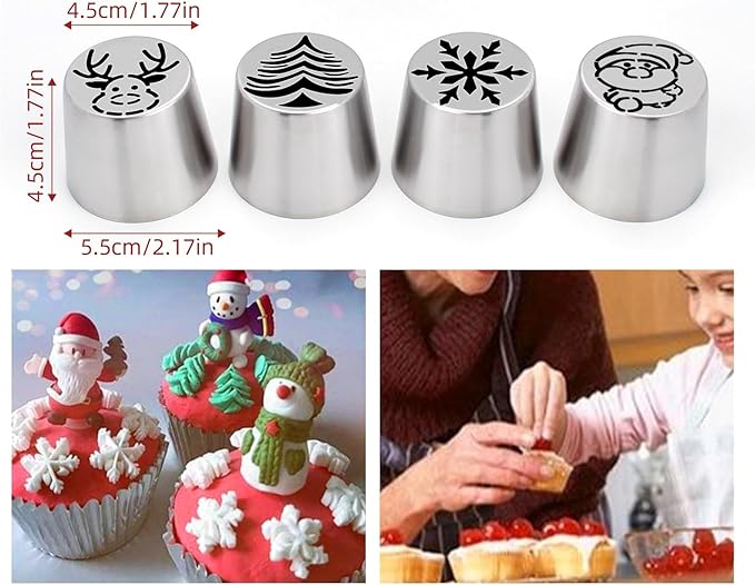 25 Pieces Stainless Steel Extra Large Christmas Piping Tips Set,13 Christmas Frosting Icing Tips with 10 Disposable Pastry Bags,1 Small Russian Tip,1 Cleaning Brush for Cake Decorations
