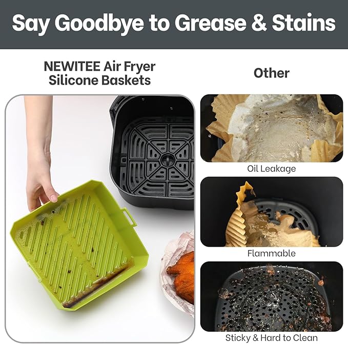 5QT Air Fryer Silicone Liners for Ninja AF141/AF142/AF181/AF182 & COSORI CAF-L501, 2 Pack BPA Free Platinum Silicone Basket, Square Reusable Air Fryer Liners with Handle, Upgrade