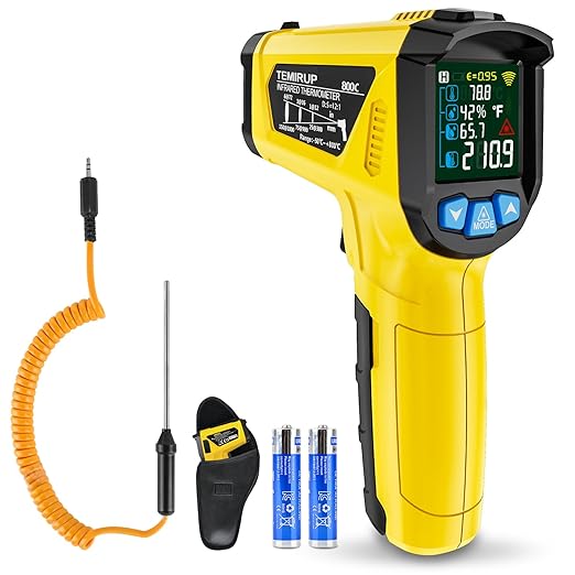 Infrared Thermometer Temperature Gun,-58°F to 1472°F Non Contact Digital IR Laser Thermometer Temp Gun with Probe & Humidity Measurement for Cooking,Griddle,Engine,HVAC,Adjustable Emissivity