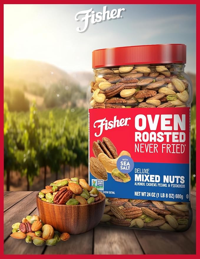 Fisher Oven Roasted Never Fried Deluxe Mixed Nuts, 24 Ounces (Pack of 2), Almonds, Cashews, Pecans, Pistachios, Snacks for Adults, Made With Sea Salt, No Added Oil, Artificial Ingredients or Preservatives, Trail Mix, Gluten Free