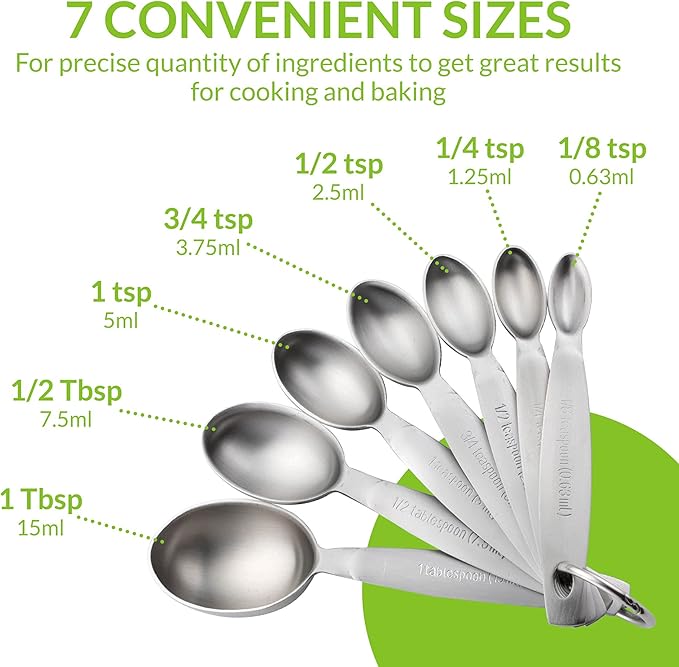 Spring Chef Stainless Steel Measuring Spoons Set of 7, Oval Metal Teaspoon & Tablespoon Measuring Spoons - Nesting Kitchen Gadgets For Baking & Cooking, Dual Measurements - Dry & Liquid Ingredients