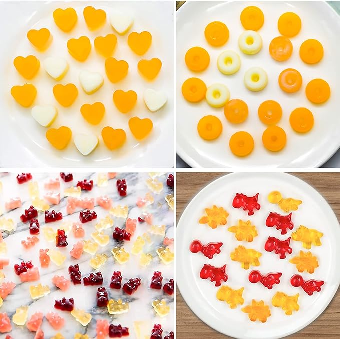 Gummy Bear Candy Molds Silicone, Gummy Molds with 2 Droppers, Non-Stick Silicone Candy Molds Including Mini Dinosaur, Bear Shape, Hearts and Mini Donut, Set of 4