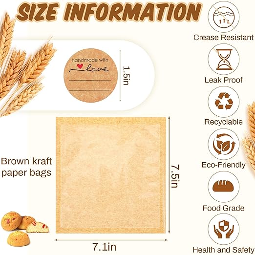 Outus 50 Pcs Cookie Packaging Bags with Seal, 7.1 x 7.5 Inch Bakery Pastry Bags with Window, Heat Sealable Grease Resistant Paper to Go Bake Sleeves for Gift Giving Donut Bread Sandwich (Brown)