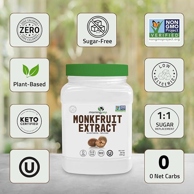 Morning Pep 100% Pure Monk Fruit extract sweetener, No Erythritol, Monkfruit Extract Powder, NON-GMO Project Verified, Keto Certified, OU kosher, No Fillers Zero Calories | Over 900 Servings | 10 oz