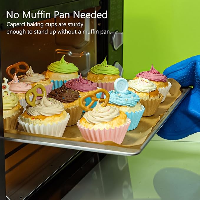 Caperci Heavy Duty Standard White Cupcake Liners 150 Counts - Grease-Resistant Paper Muffin Baking Cups, Odorless, No Muffin Pan Needed, Easily Peels (White)